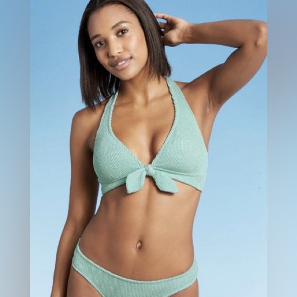 Kona Sol Mint Green Pucker Tie-Front Bikini - Picture 1 of 5